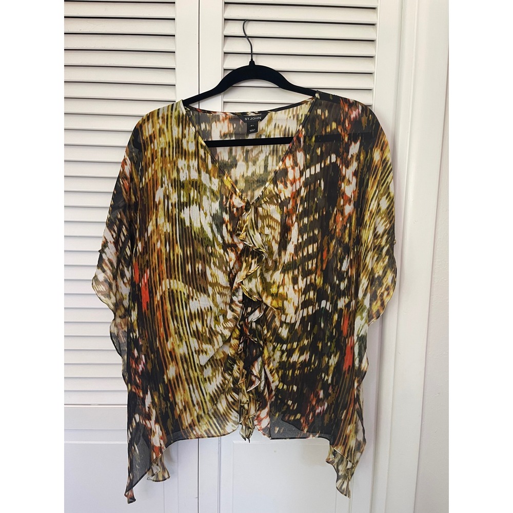 St. John 100% Silk Ruffle Blouse M/L Abstract Print Batwing Sleeve Designer